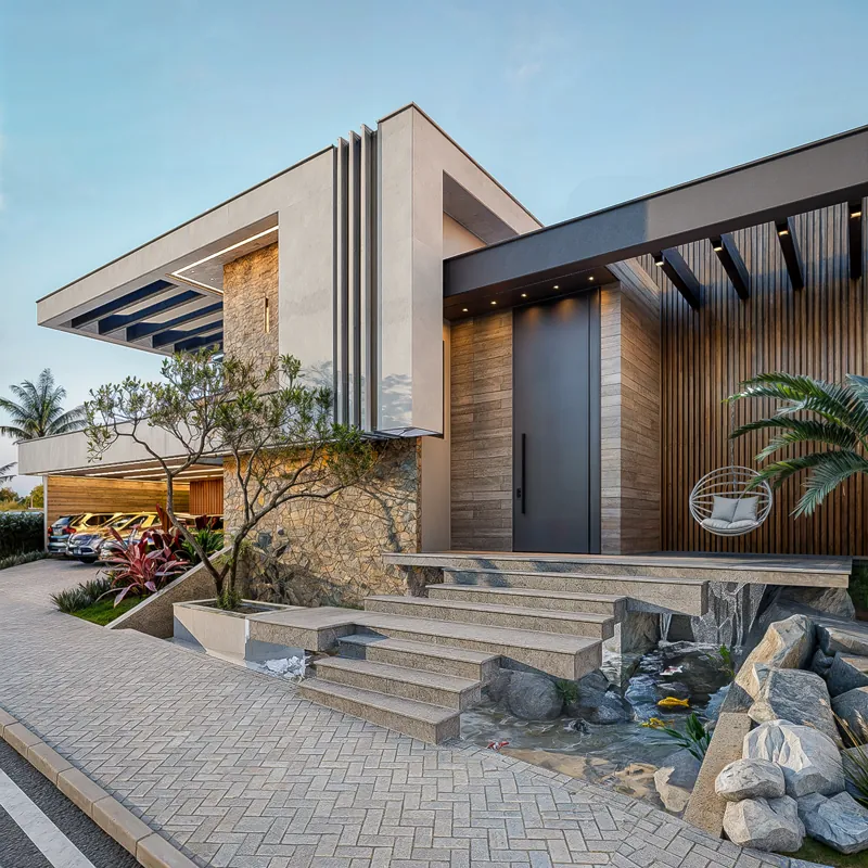 Fachada de projeto residencial do Studio 836 com escada em pedra e paisagismo