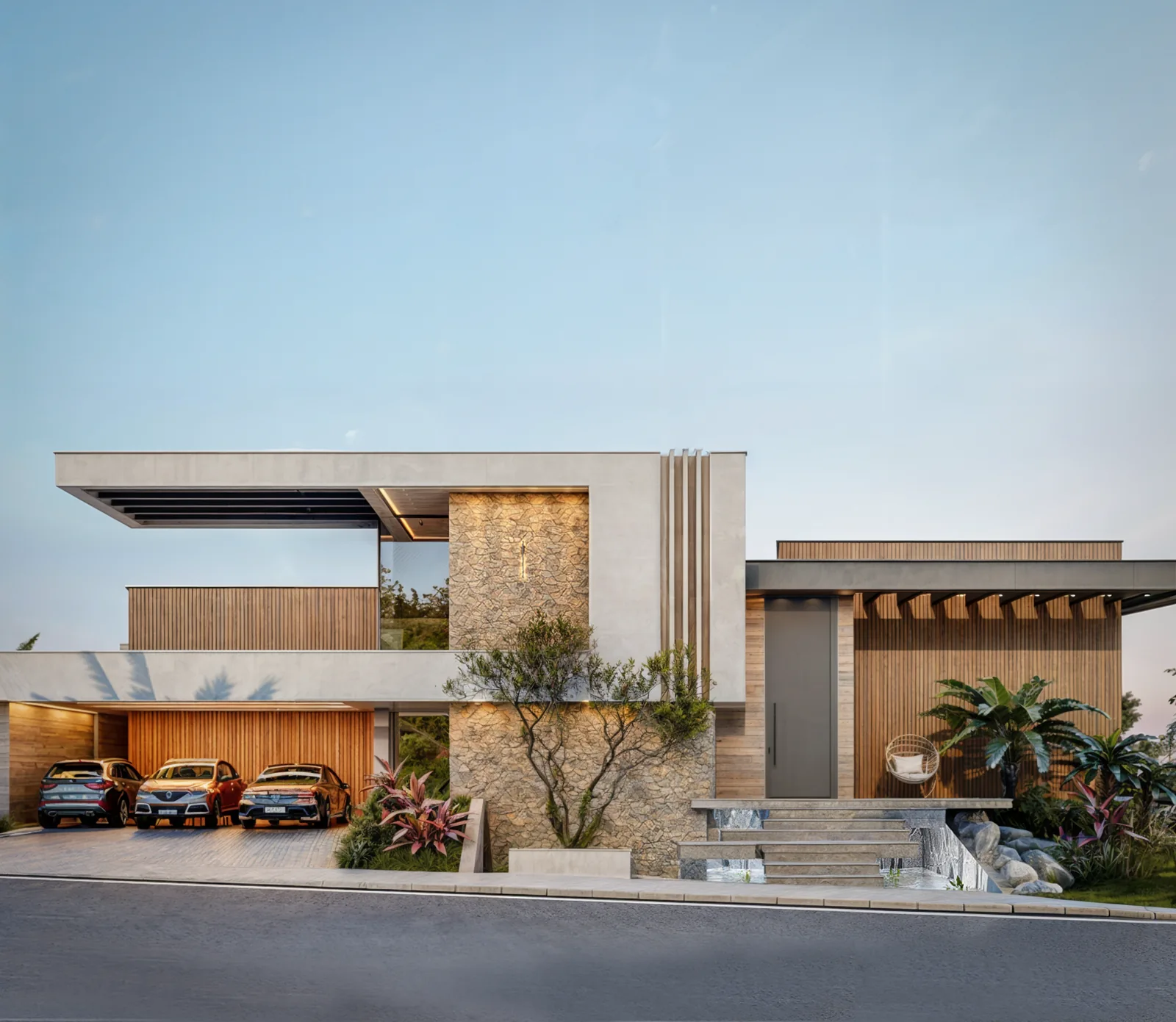 Fachada da Residência San Diego, projeto do Studio 836 com pedra natural, madeira e volumes contemporâneos