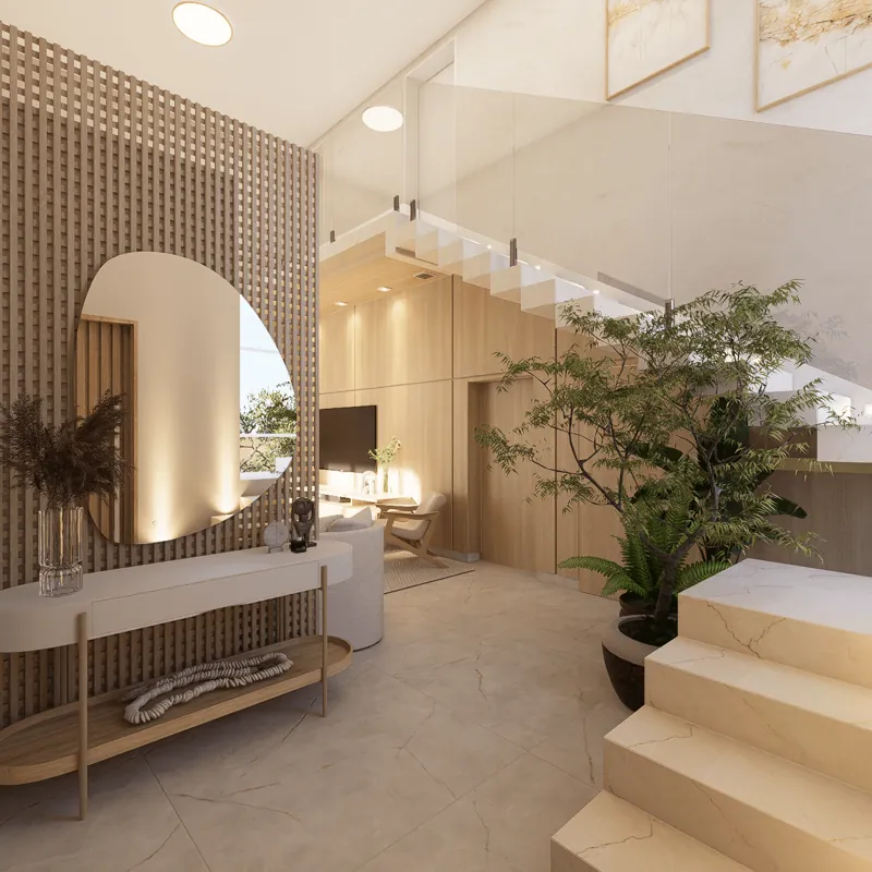 Interiores da Casa Eplenum, com painel ripado, escada e jardim interno